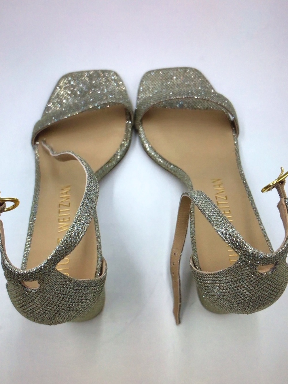 Stuart Weitzman Glittery Silver Open-Toe Ankle-Strap Heels - Picture 2 of 9